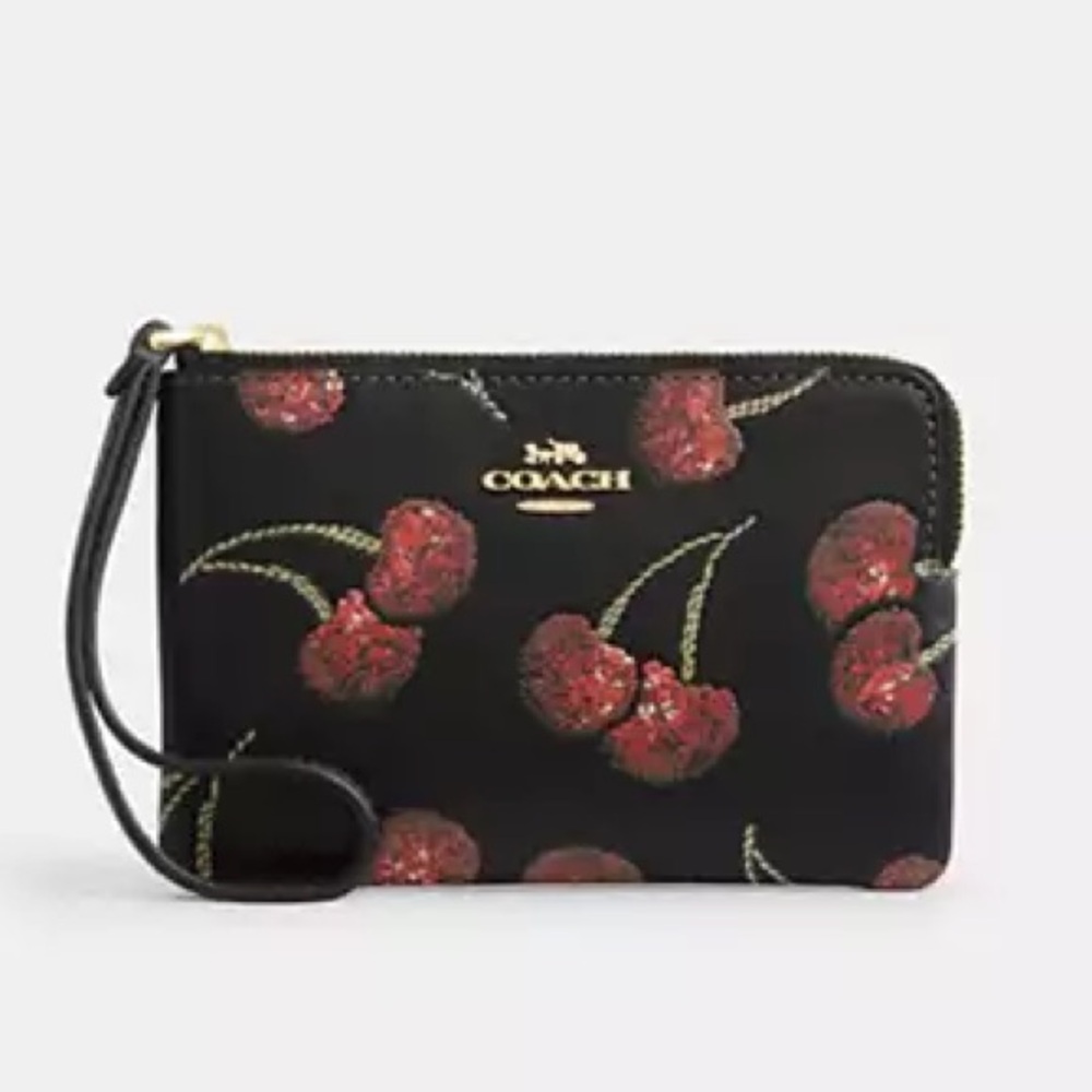 NWT coach!! Corner Zip Wristlet With Cherry Print 🍒🖤